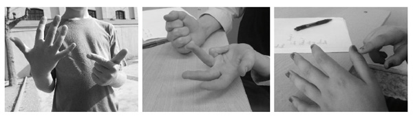 Figure 2. Finger-counting test (opening fingers, on the left; closing fingers, in the middle; and pointing with the index finger of the other hand, on the right). Liutsko L., Veraksa A.N., Yakupova V.A. (2017). Psychology in Russia: State of the Art, 10 (4), 86-92