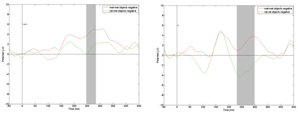 Figure 5. Comparison of ERPs in Fz registration point to “negative” objects among different COMT genotypes carriers. The gray vertical bar represents the time interval when amplitude difference is statistically significant (p < .01). Ermakov, P.N., Borokhovski, E.F., Babenko, V.V., Alekseeva, D.S., Yavna, D.V. (2020). Psychology in Russia: State of the Art, 13(2), 47-63.