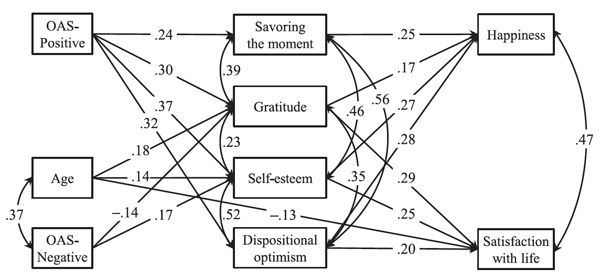 Figure 1. The structural model of relations between the two types of optimistic attributional style (OAS), two indicators of subjective well-being, and four mediators. Titova Grandchamp, V.A., Gordeeva, T.O., Sychev, O.A. (2021). Psychology in Russia: State of the Art, 14(3), 50-67.
