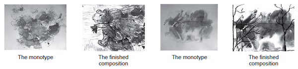 Figure 1. Examples of monotypes and finished compositions based on these artistic images. Dikiy I. S., Dikaya L. A., Karpova V. V., Lavreshina A. Y., Kagramanyan M. R. (2018). Psychology in Russia: State of the Art, 11 (2), 134-147.
