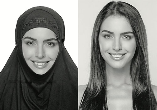 Example of a photo of a girl with a hijab and without